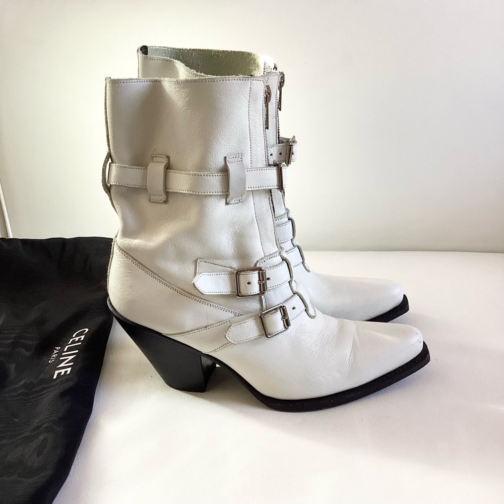 Celine Berlin White Leather Mid-Calf Moto Boots SZ 6/36